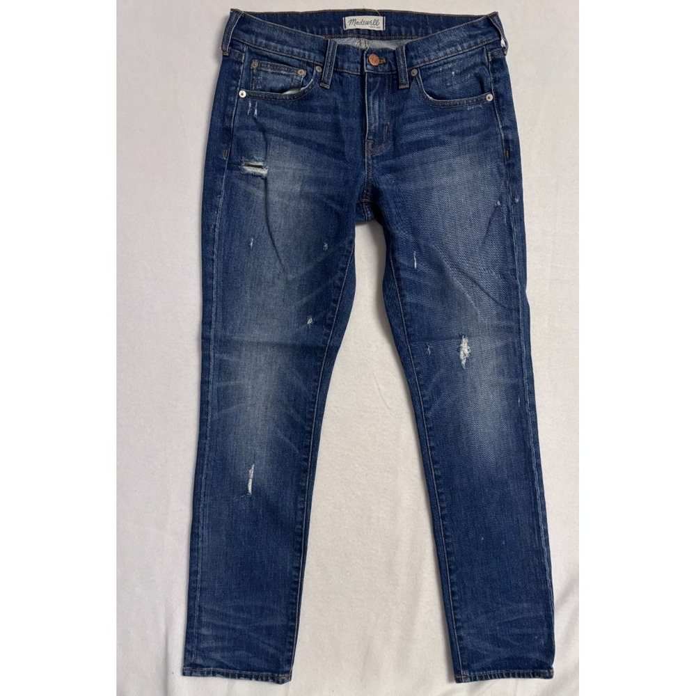 Madewell Womens 25 Slim Boyjean Blue Denim Mid Rise Relaxed Fit Jeans Distressed